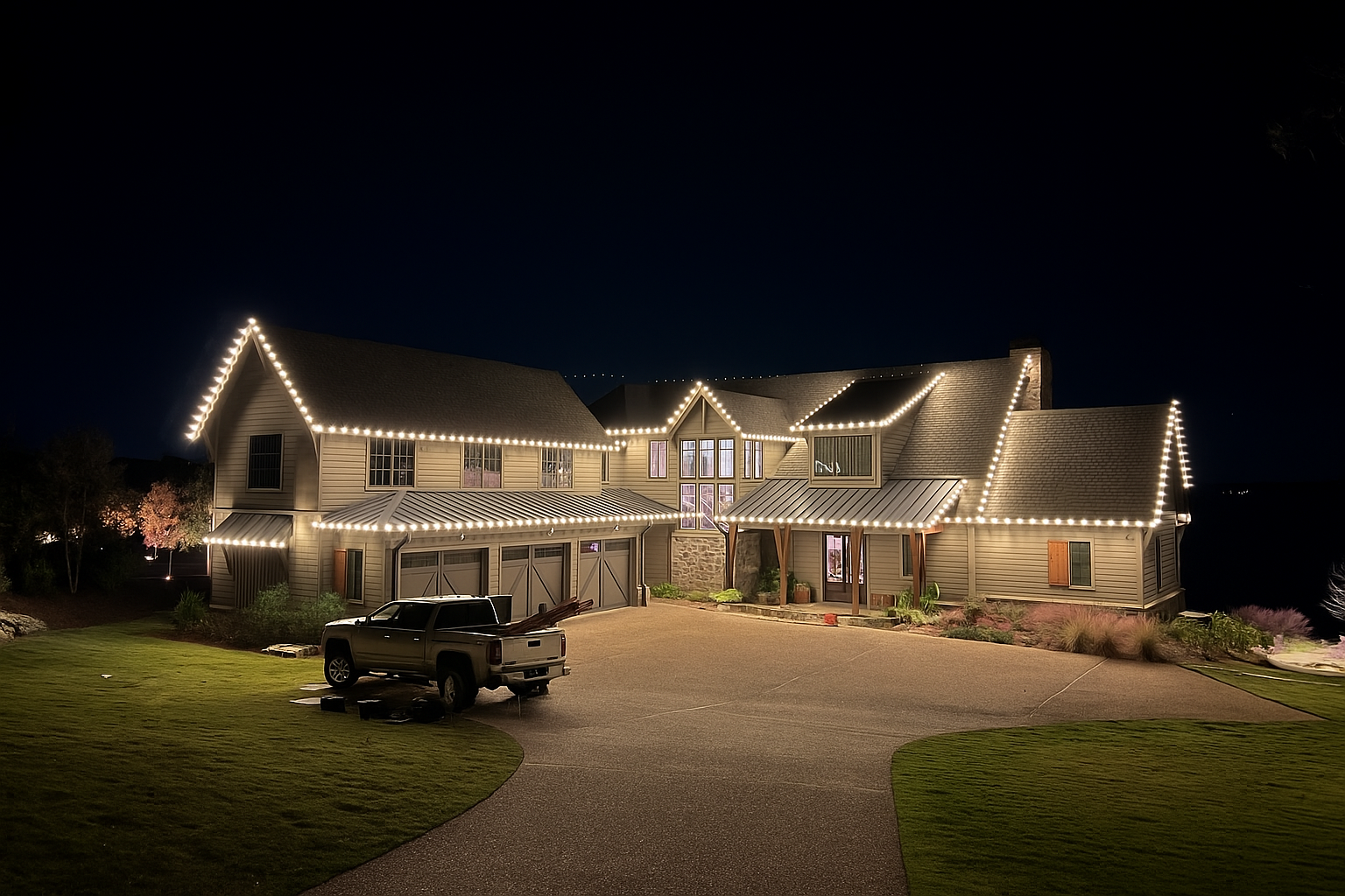 Contemporary home with extensive roofline lighting